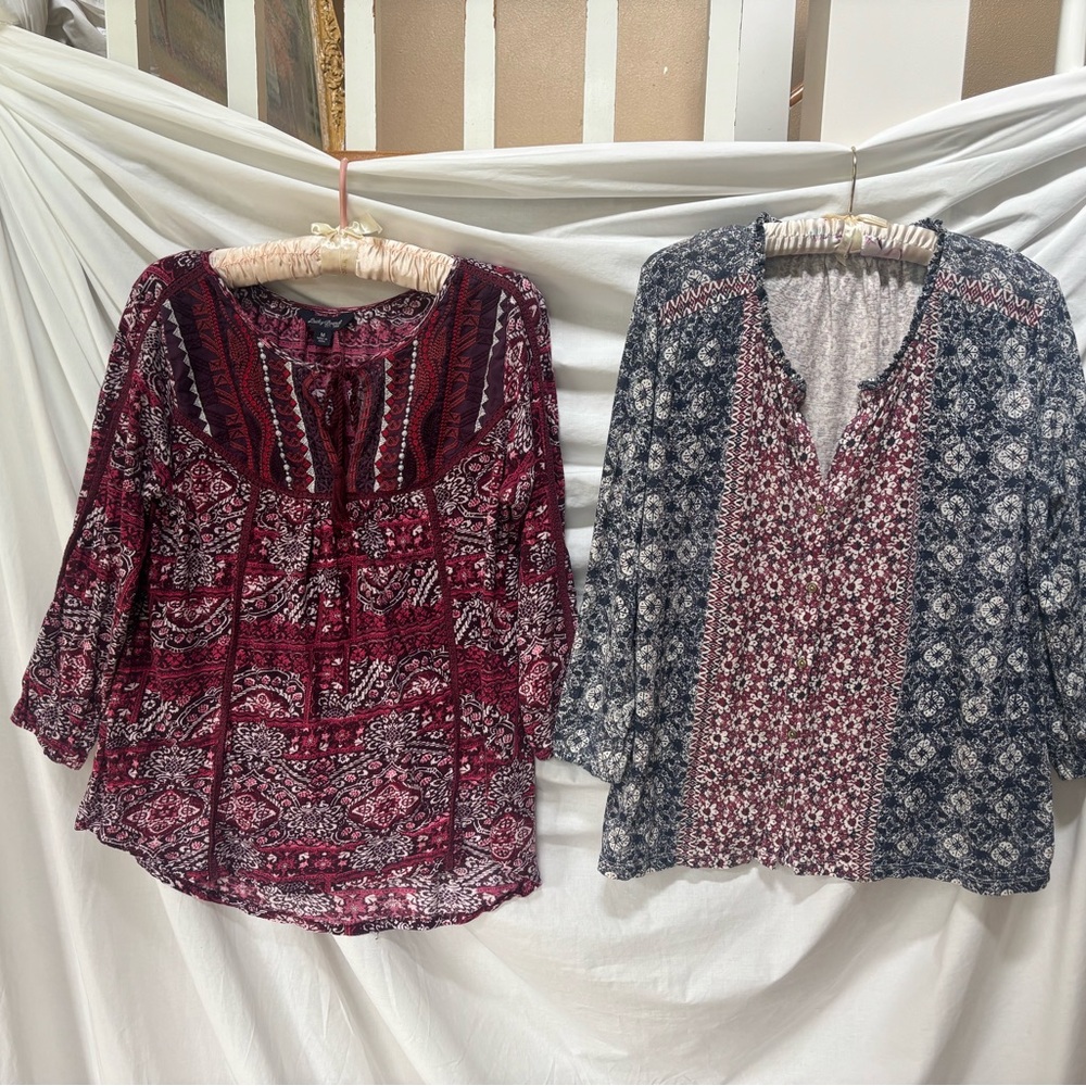 Two Lucky Brand Spring Boho Peasant 3/4 sleeve tops size M